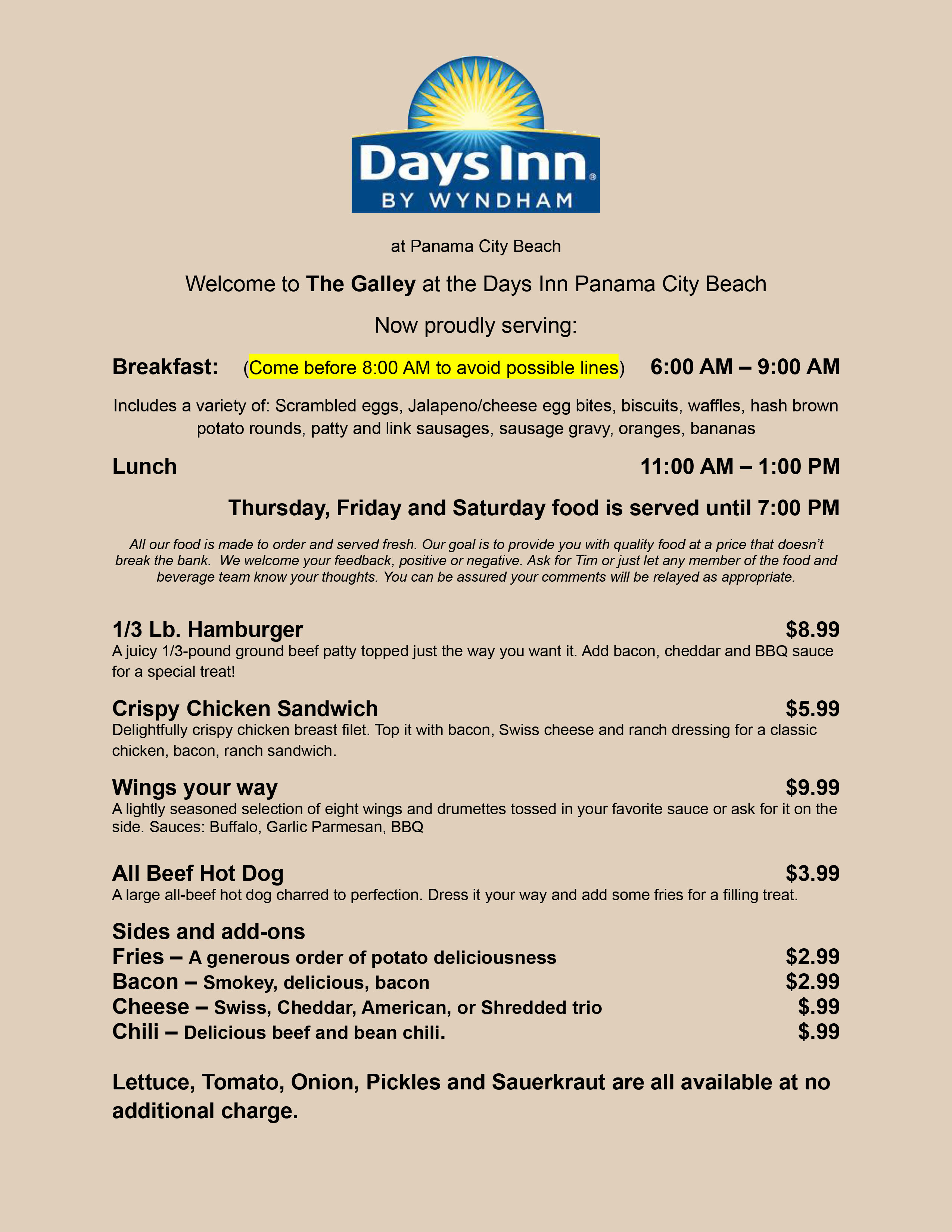 On site Restaurant Menu